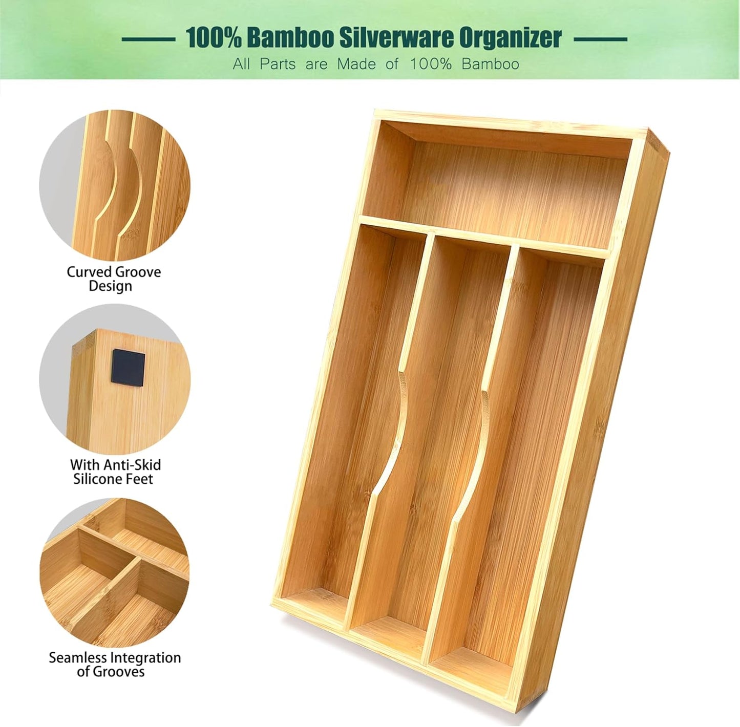 Bamboo Kitchen Drawer Silverware Organizer