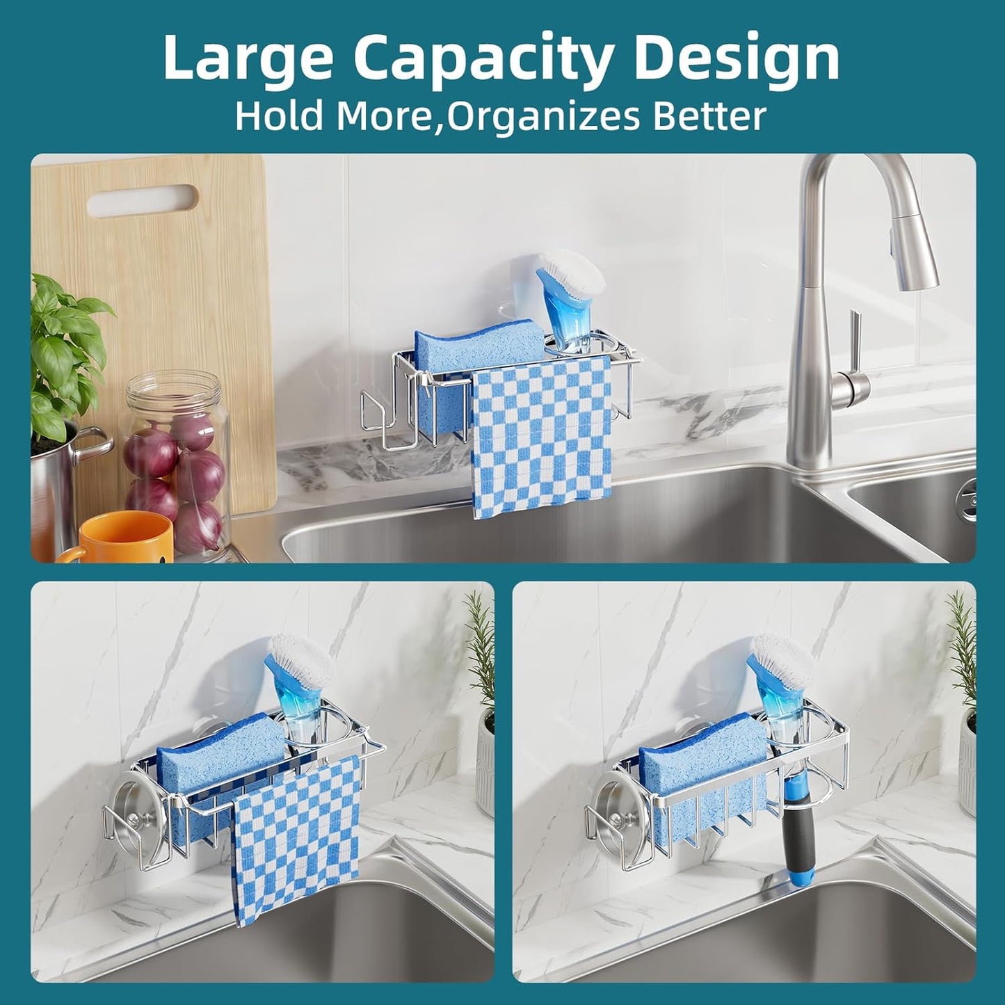 4-in-1 Sink Caddy with Strong Suction Cup, Sponge Holder for Kitchen Sink Organizer, Removable