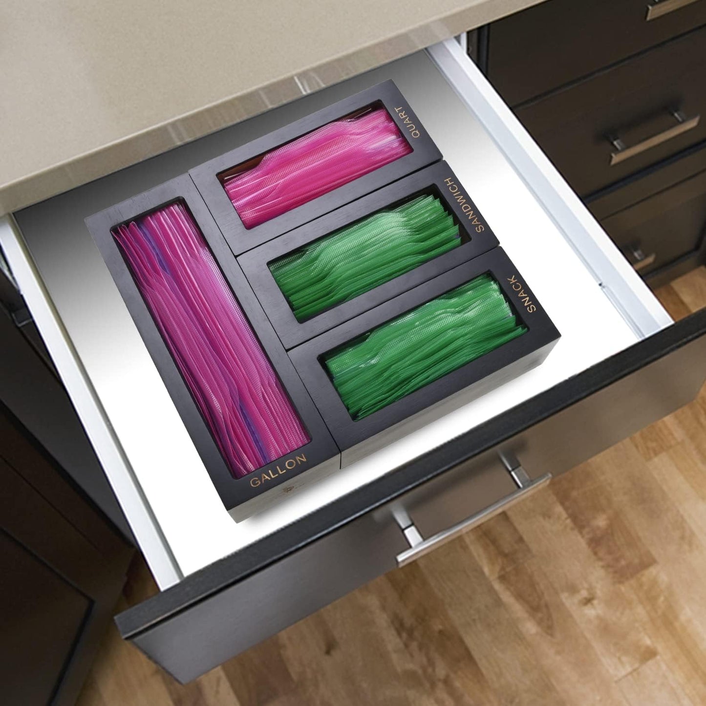 Bamboo food Bag Organizer for Kitchen Drawer, Baggie organizer, Compatible with Gallon, Quart