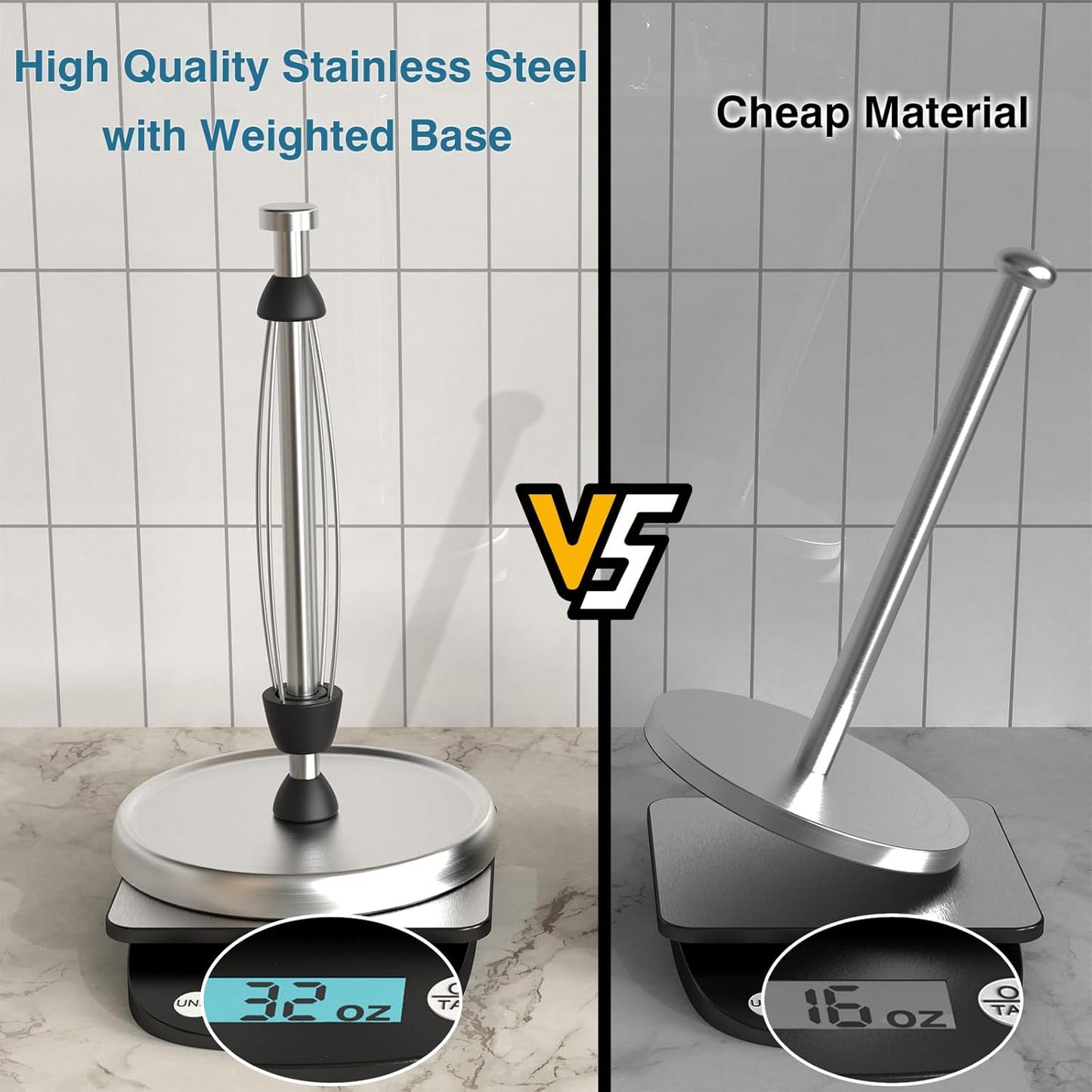 Paper Towel Holder Countertop, One-Handed Tear, Stainless Steel, Weighted Base, Silver