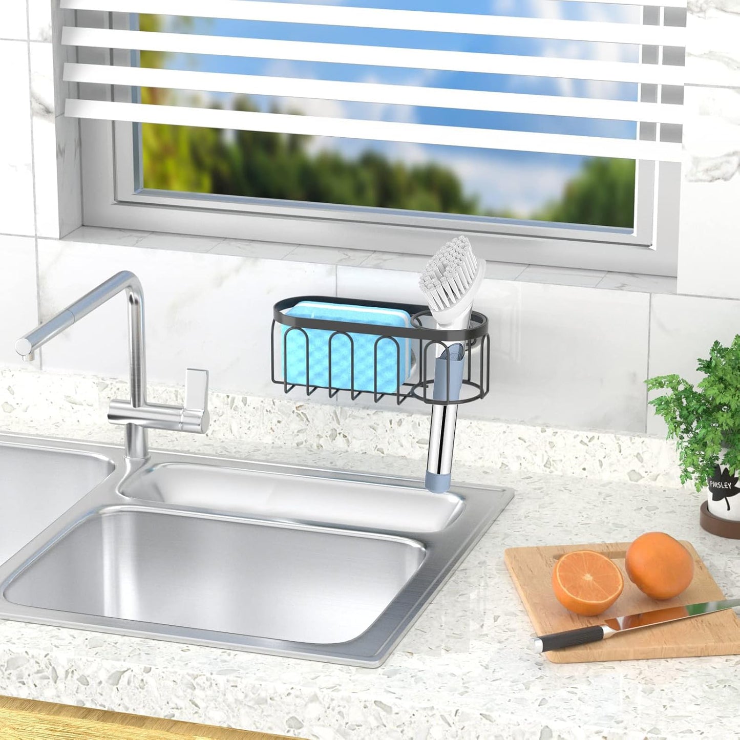 2-in-1 Sponge Holder for Kitchen Sink, Sink Caddy Kitchen Sink Organizer with 3 Suction Cups