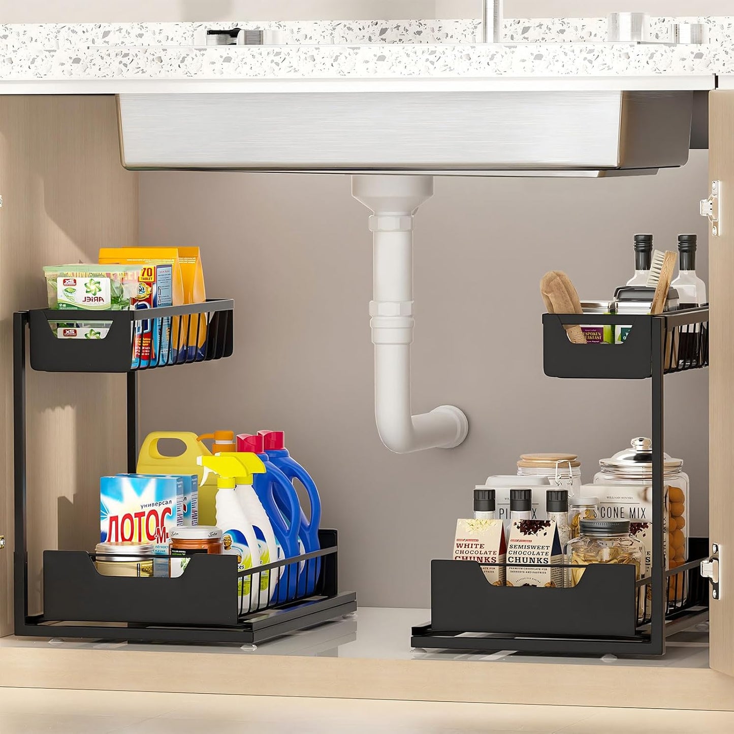 Under Kitchen Sink Organizers and Storage Pull Out 2 Tier Metal Bathroom Cabinet Organizer (Black