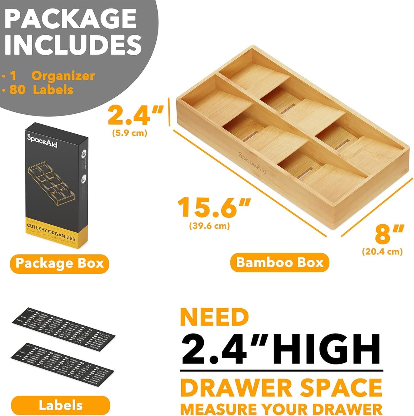 Bamboo Silverware Drawer Organizer with Labels, Kitchen Utensil Tray Holder Organizer for Flatware