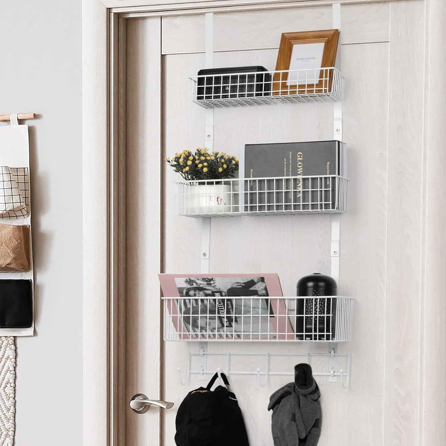 Over The Door Organizer with Hooks Door Hanger Towel Rack with 3 Mesh Baskets Back of Door Hanging Shelf Organizer Behind Door Pantry Organizer for Bathroom Bedroom White