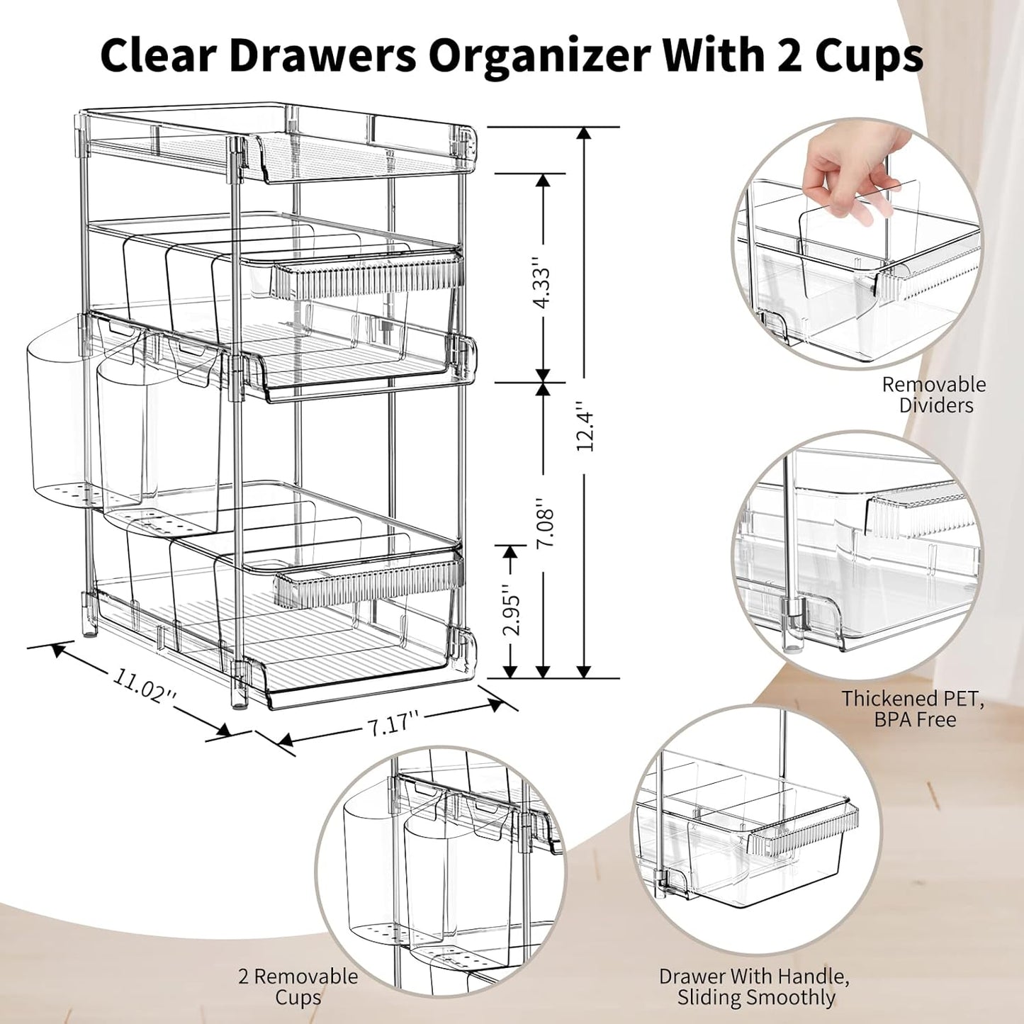 Clear Bathroom Organizers 2 Sets 3 Tier, Pull Out Organizer and Storage with 2 Cups