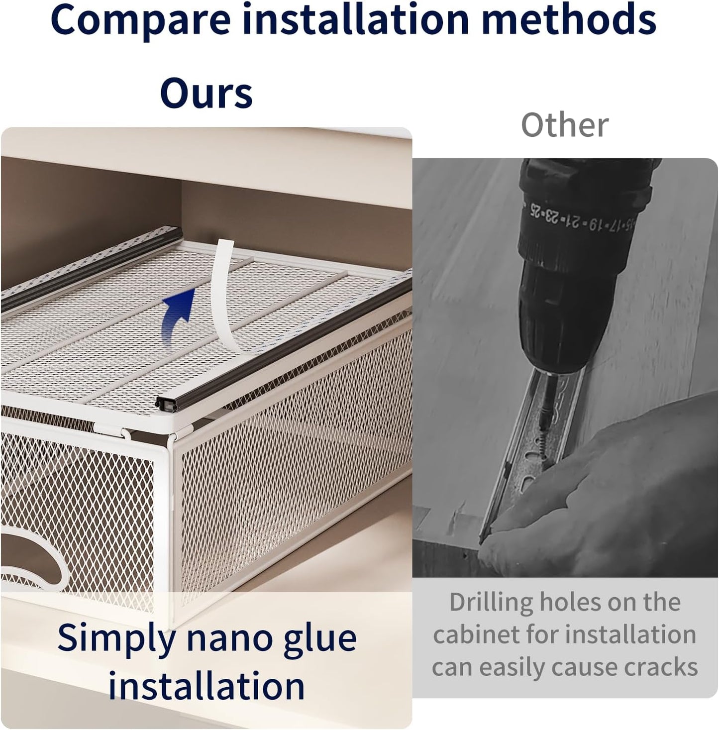 Pull Out Cabinet Organizer, No Drill Adhesive Sliding Drawers for Kitchen
