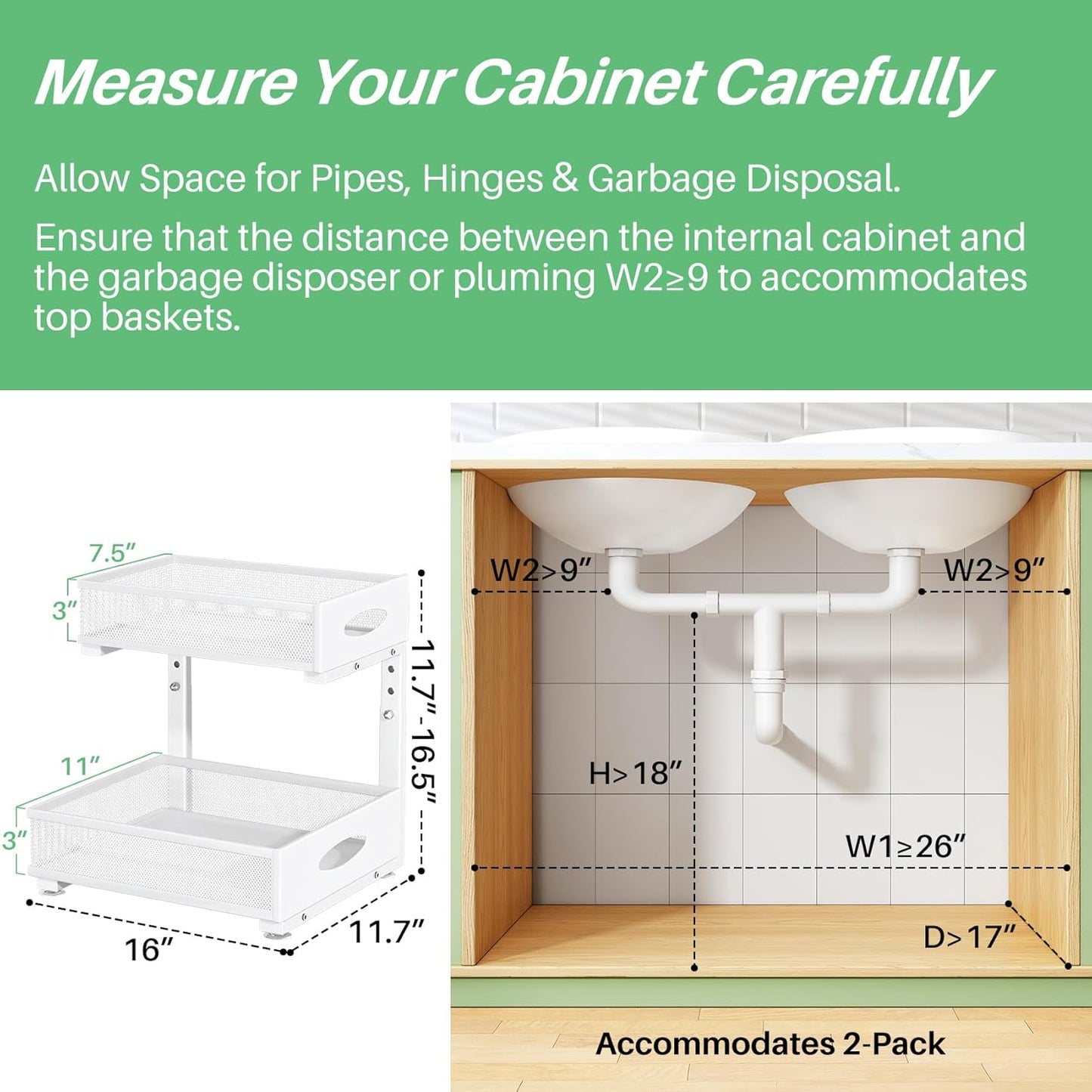 Under Sink Organizer, 2-Pack Pull Out Cabinet Organizer 2 Tier Metal Slide Out Storage Shelf Rack