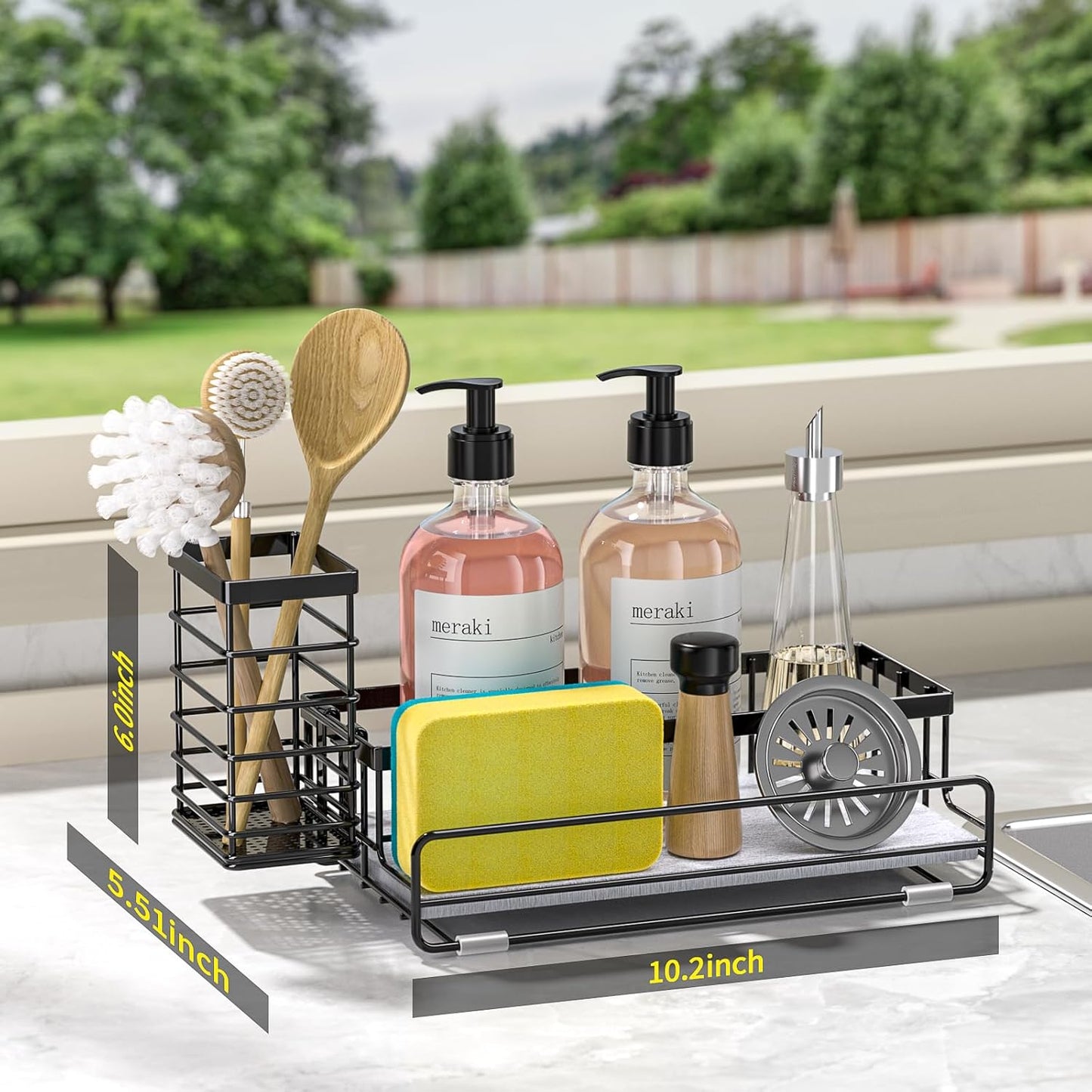 Large Family-Sized Sponge Holder for Kitchen Sink Organizer - Sink Caddy with Instant Drying Stone