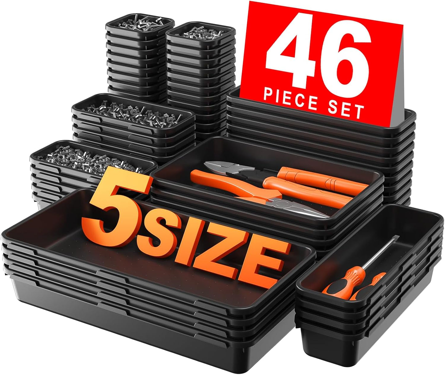 A-LuGei【𝟰𝟲𝗣𝗖𝗦 & 5 Size Tool Box Organizer Tray Divider Set, 【Black】 Bathroom Drawer Organizer Bin