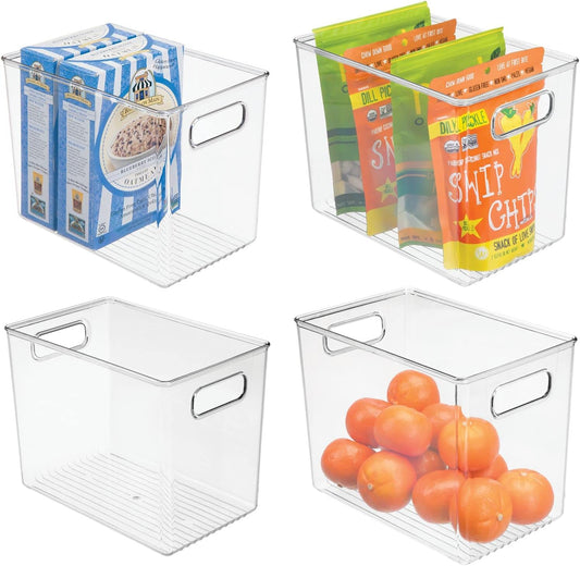 Plastic Deep Kitchen and Pantry Organizer Storage Bin with Handles for Cabinet, Fridge