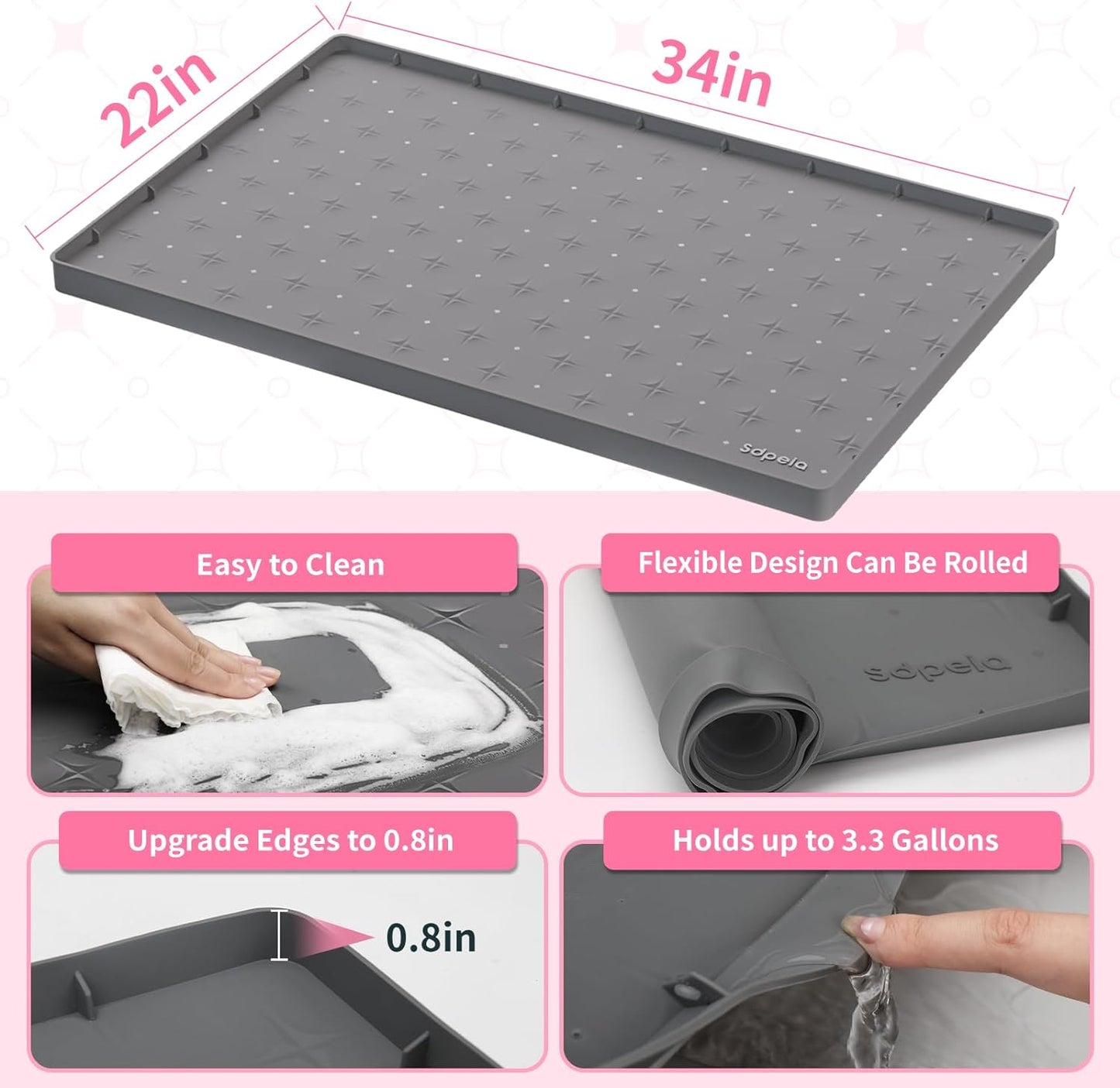 Under Sink Mat 34"×22" Waterproof Silicone Cabinet Liner & Sink Protector for Kitchen & Bathroom