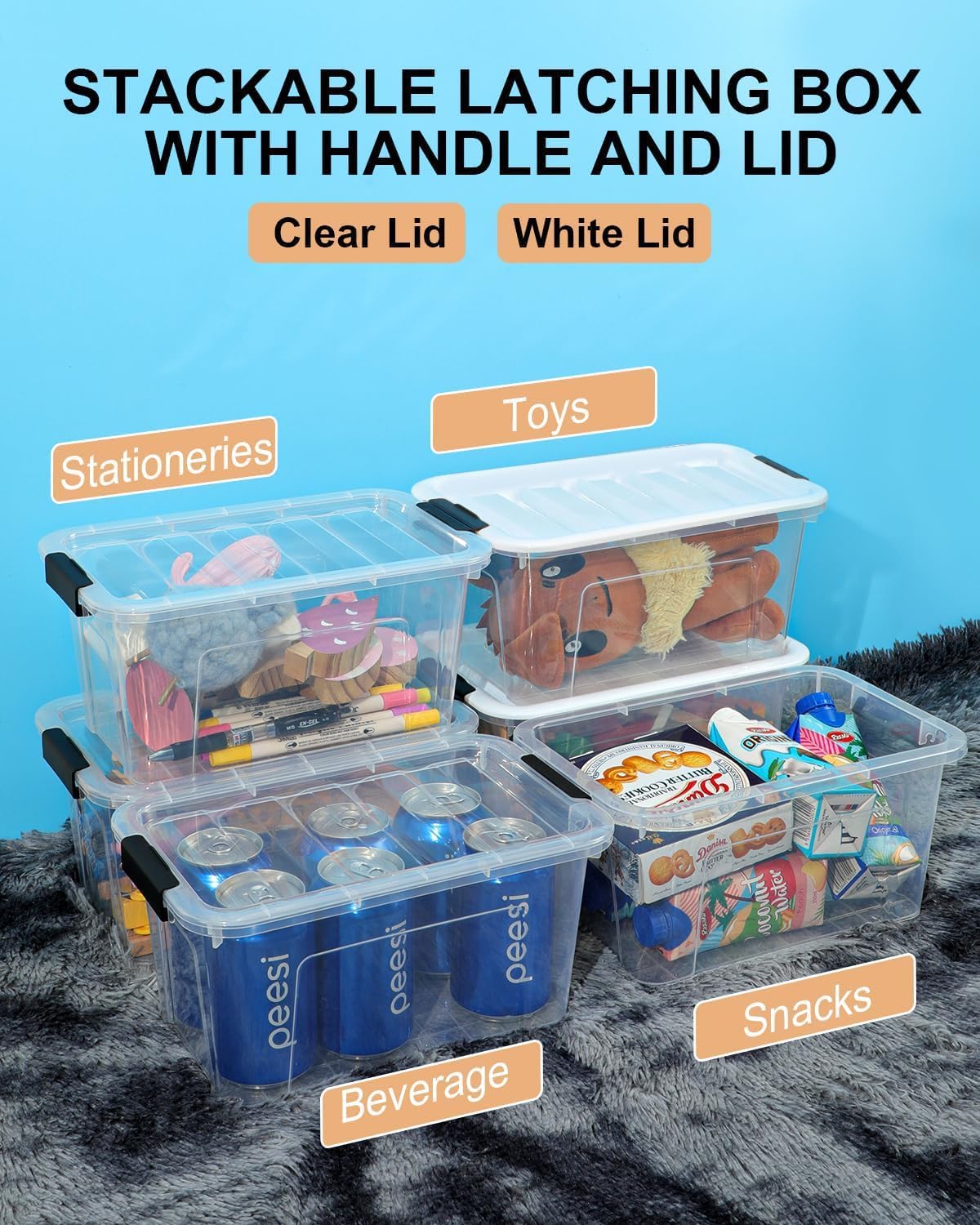 Plastic Storage Bins with Lids 6 Pack, 7 Quart Storage Containers With Black Buckle Latch