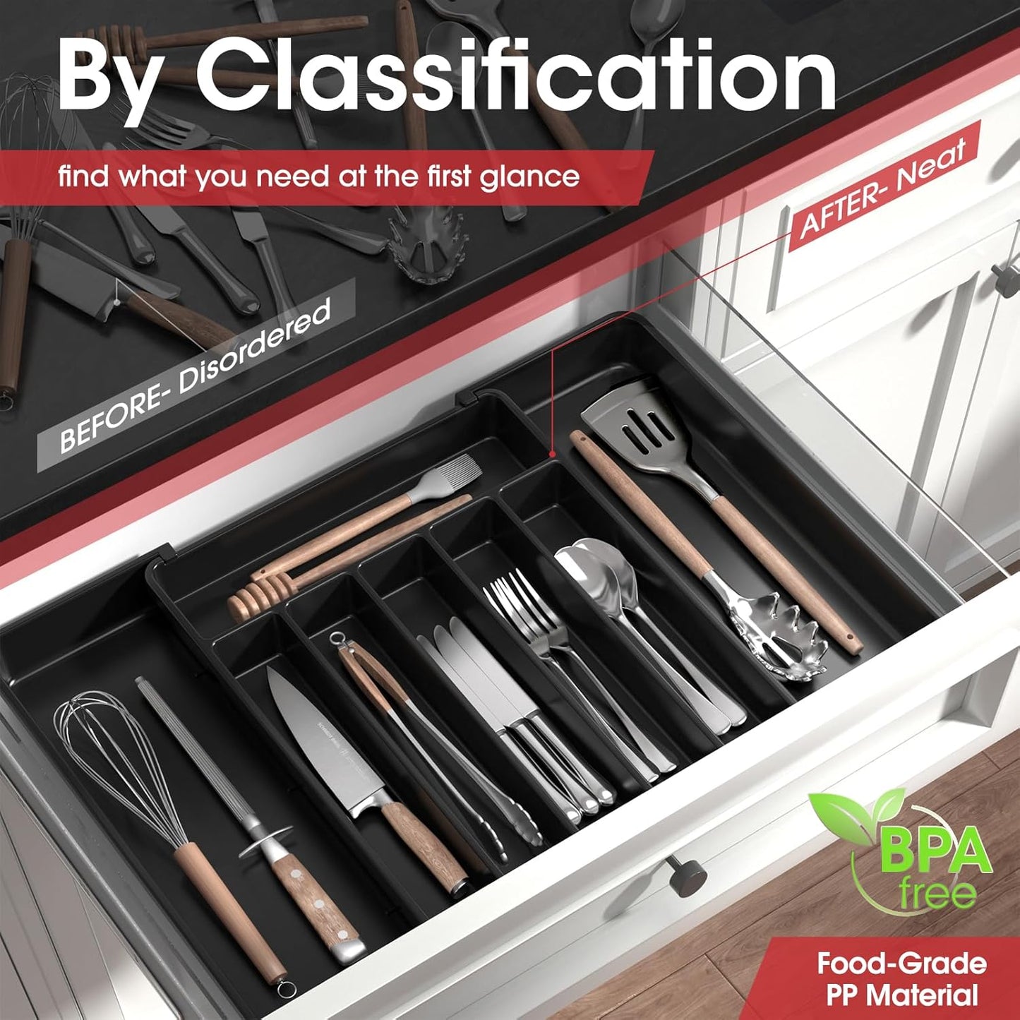 Silverware Organizer - Expandable Kitchen Drawer Organizer, Adjustable Utensil Organizer