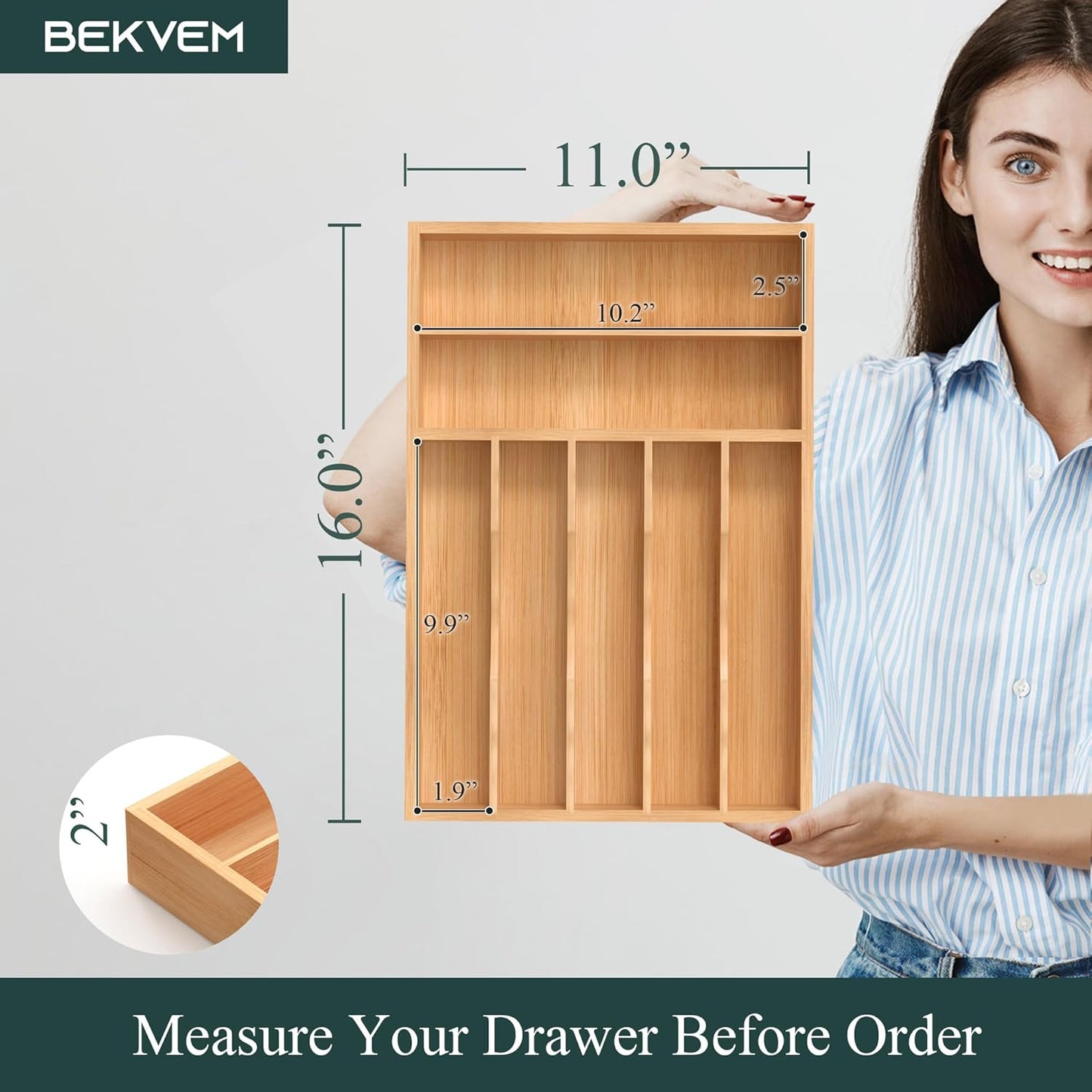 Silverware Organizer, Bamboo Kitchen Drawer Organizer, Utensil Holder