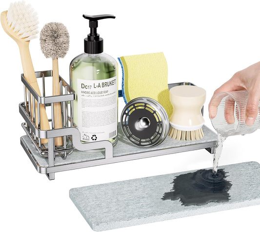 Sponge Holder for Kitchen Sink - Sink Caddy Organizer with Water Absorbing Stone Tray