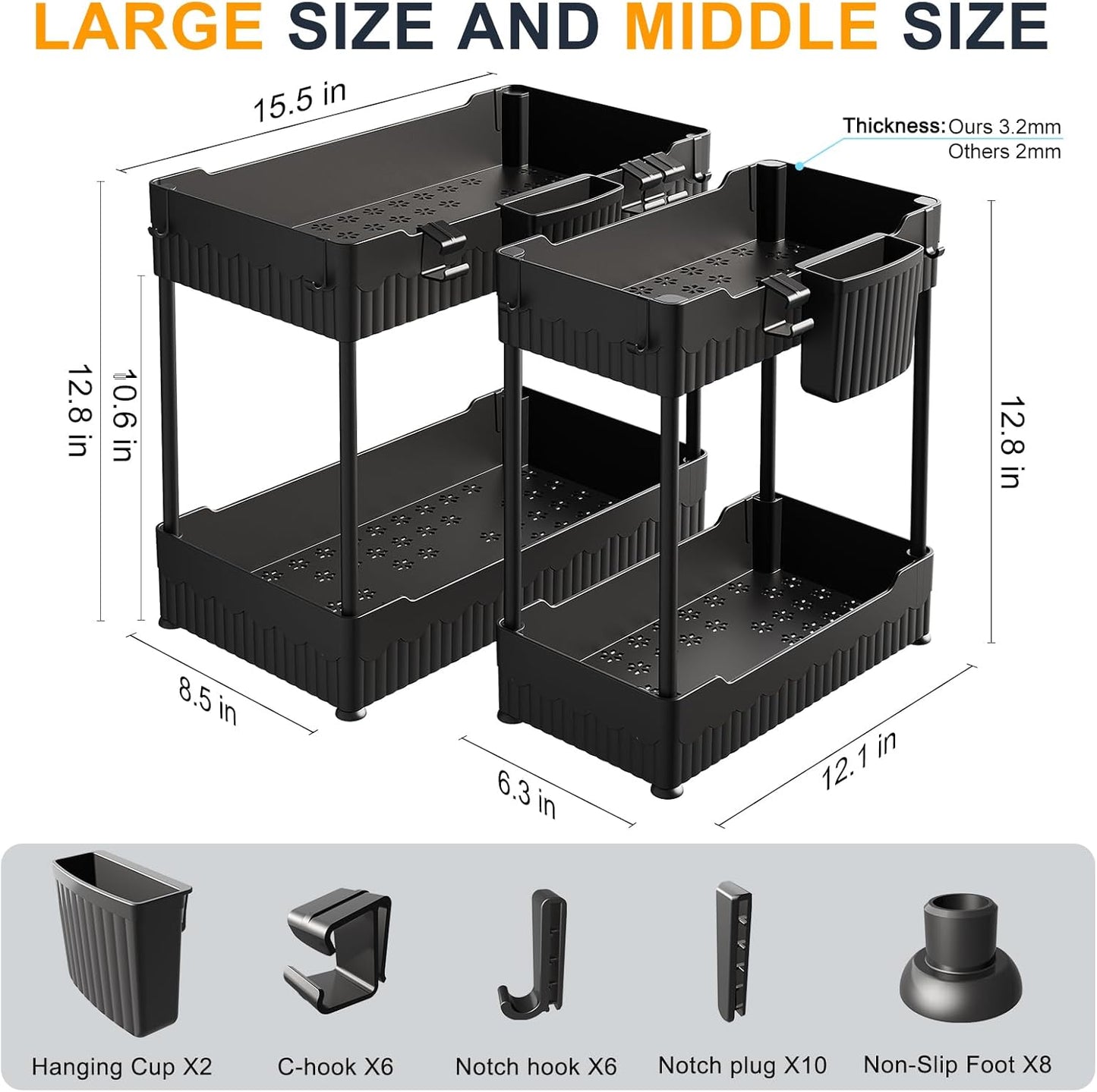 2 Pack Under Sink Organizer, Under Bathroom Cabinet Organizer with Hooks Hanging Cup