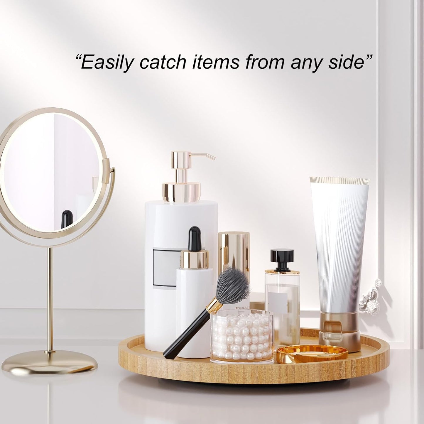Lazy Susan Organizer for Kitchen,Bamboo Turntable for Cabinet,Pantry,Vanity,Middle（Natural）