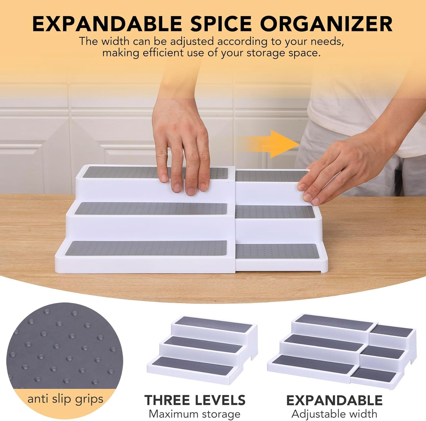 3-Tier Expandable Spice Rack, Plastic Spice Rack Organizer for Cabinet, Adjustable Length
