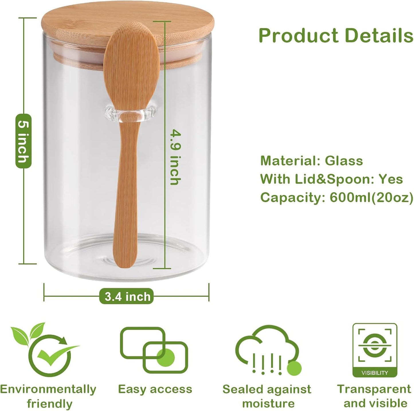 Set of 3 Airtight Glass Jars with Bamboo Lids and Spoons
