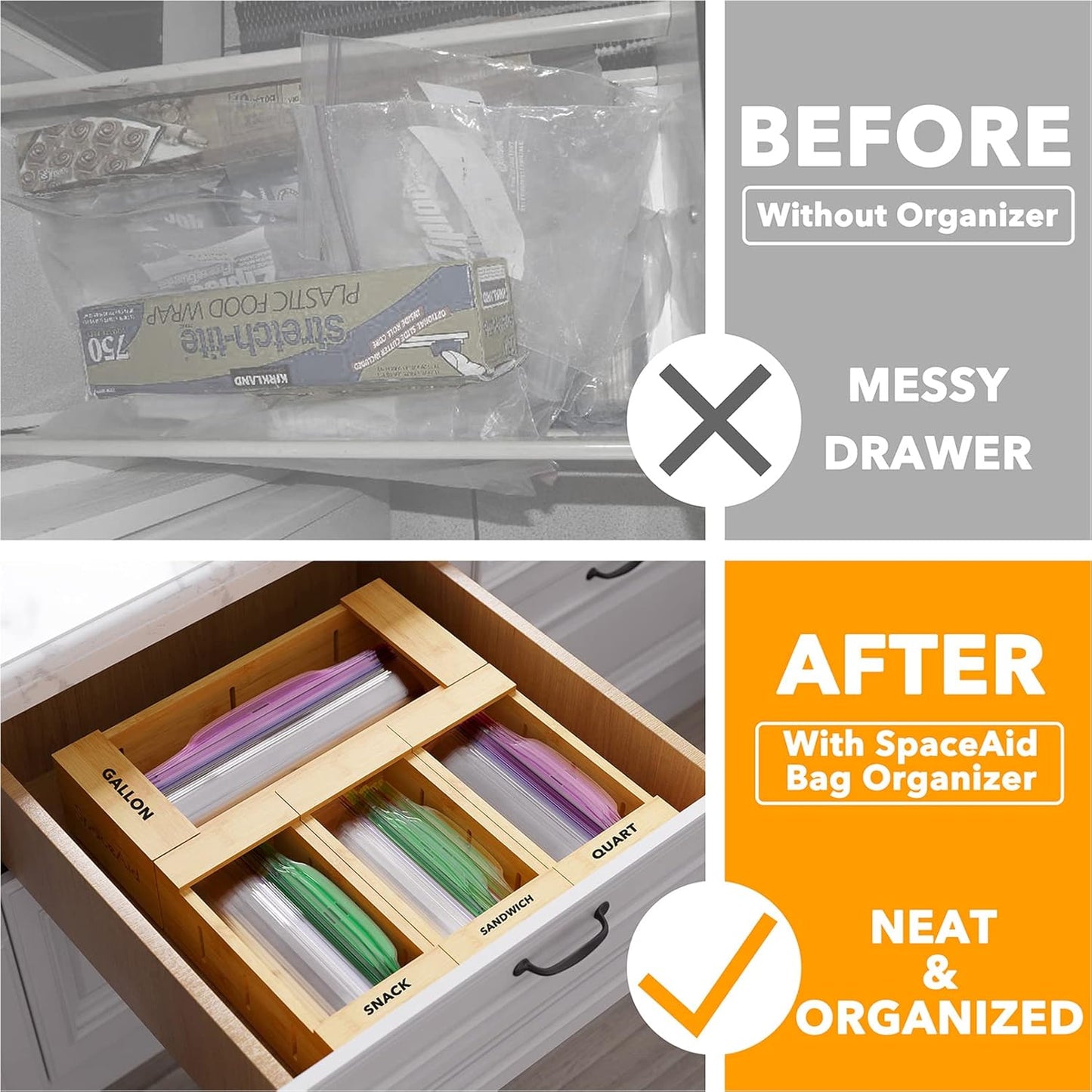 Bag Storage Organizer for Kitchen Drawer, Bamboo Organizer, Compatible with Gallon, Quart