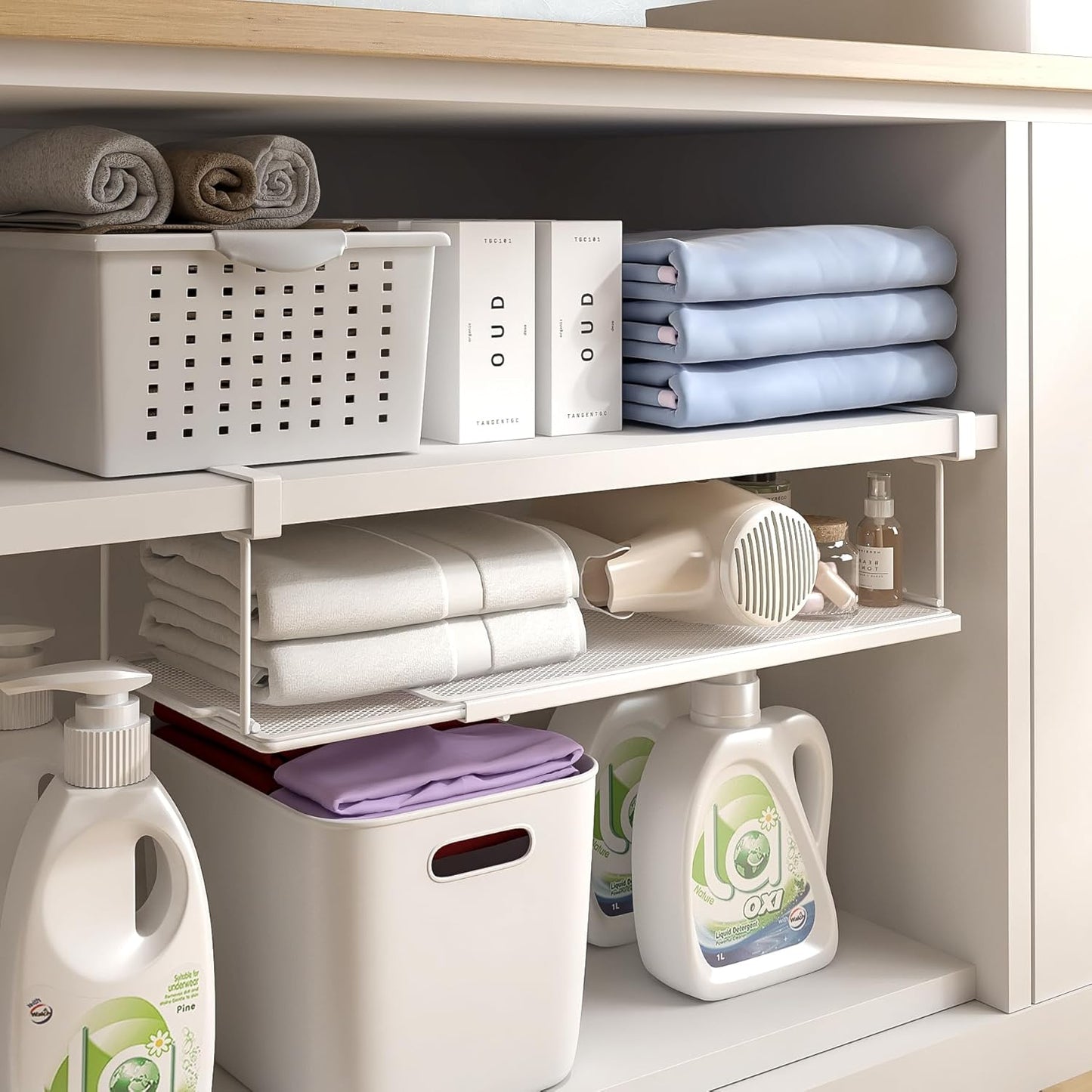 Expandable Under Cabinet Shelf, Extendable Under Shelf Storage with 0.94 Inches Thick Clips for Pantry Cabinet, Laundry Room, Shoe Rack.(White, 1 Pack, Interior: 3.66" H x 8.26" D)