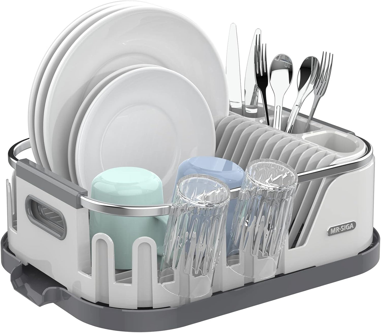 Dish Drying Rack for Kitchen Counter, Compact Dish Drainer with Drainboard