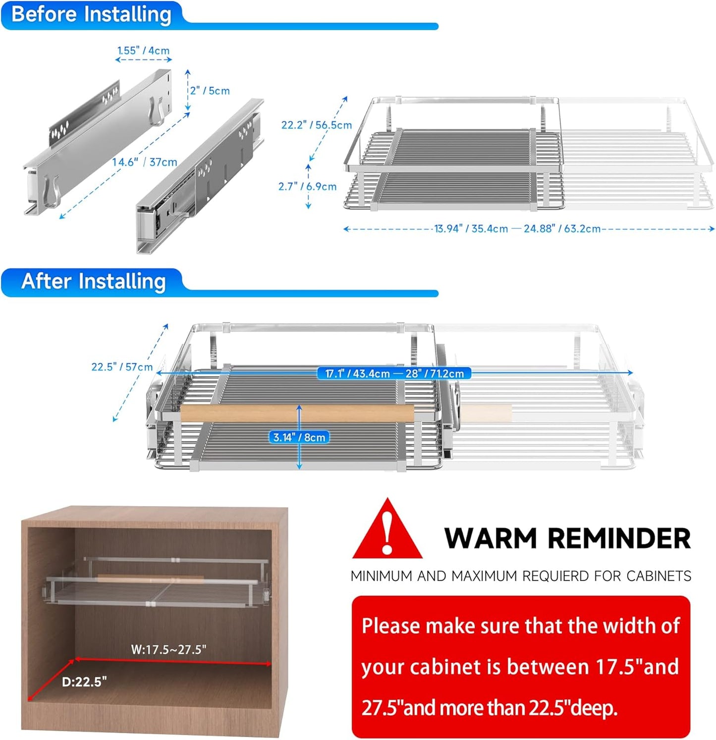 Pull Out Cabinet Organizer, 17.1~28"W x 22.5"D Expandable Pull Out Shelves for Kitchen Cabinets