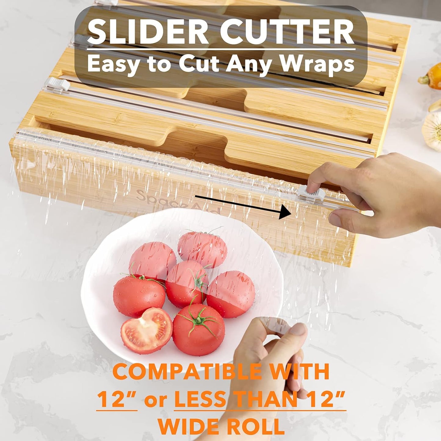 WrapNeat 4 in 1 Wrap Organizer with Cutter and Labels, Plastic Wrap