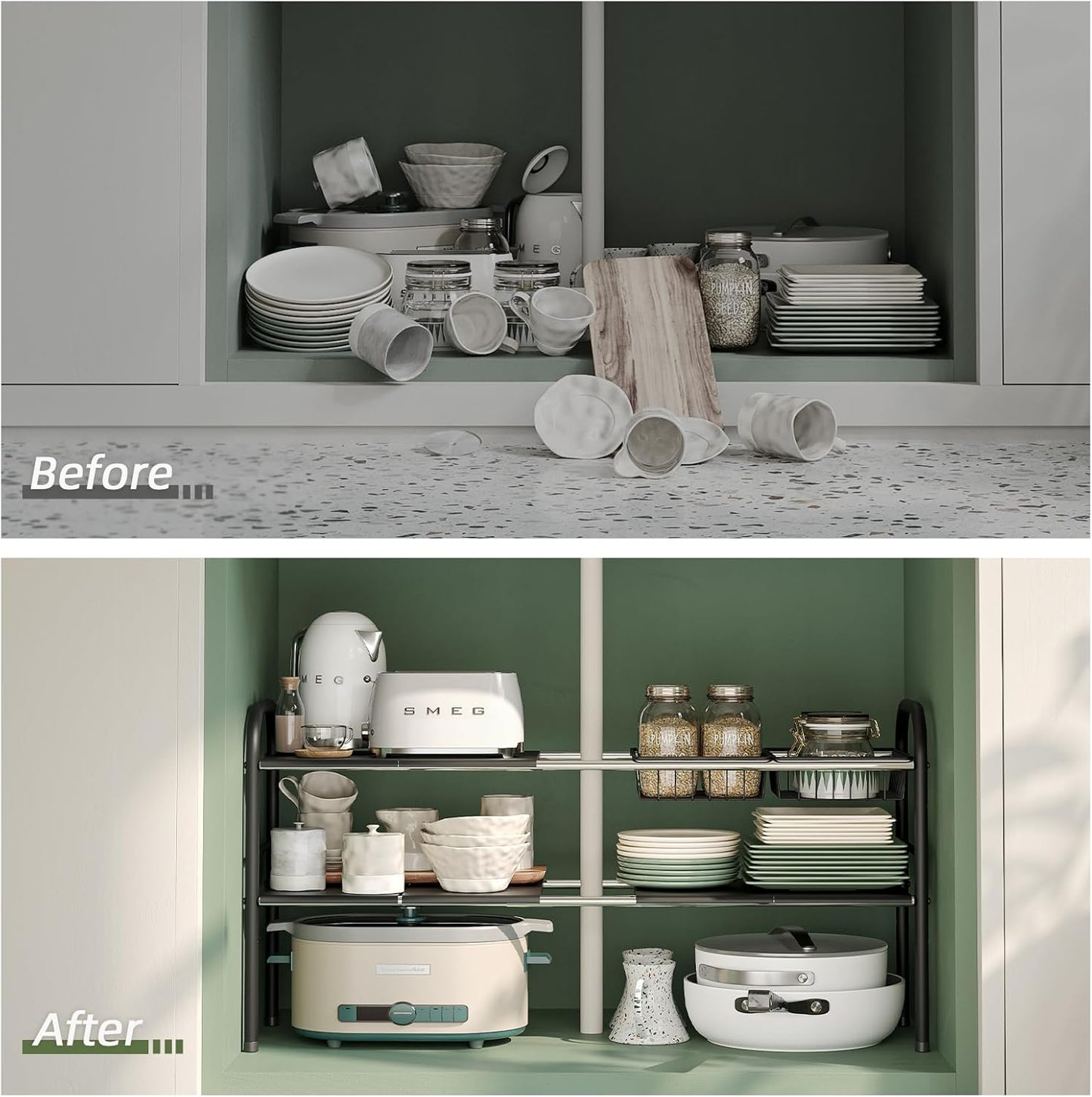 Under Sink Organizers and Storage, 2 Tier Expandable Under Cabinet Organizer Shelf with 2 Baskets and 6 Panels, Expandable Shelf for Cupboard, Kitchen, Bathroom, Shoe Storage Rack