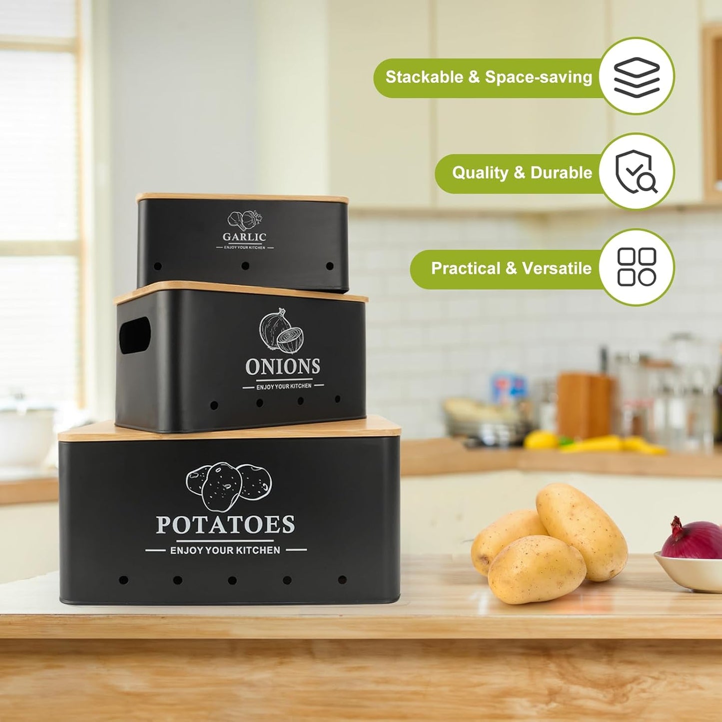 Kitchen Vegetable Storage Set of 3, Metal Onion Garlic Potato Storage Set