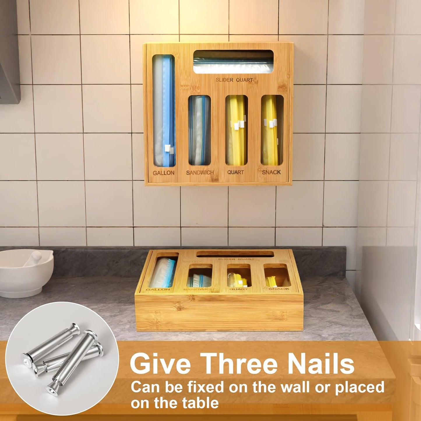 Plastic Bag Organizer for Drawer, Bamboo Food Storage Bags Container Organizer with Slider