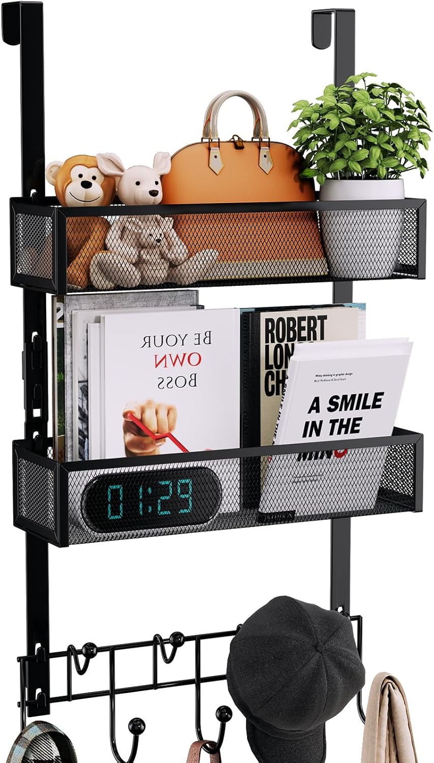 Over The Door Hooks Organizer - Extra Long Door Hanger with 9 Coat Hooks & 2 Mesh Basket