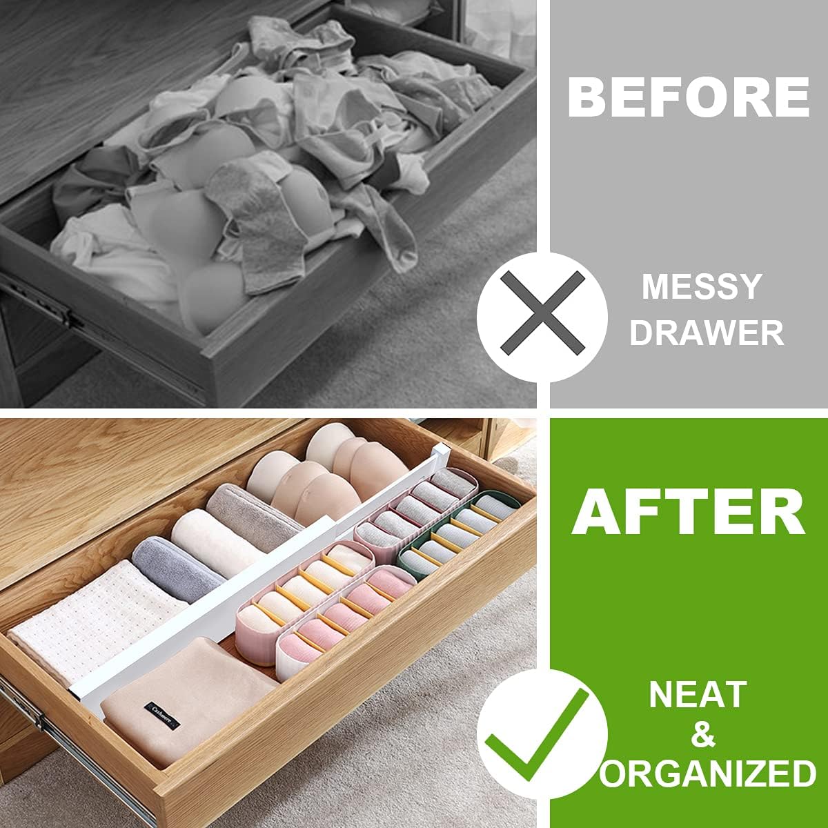 Bamboo Drawer Dividers Organizers, Expandable Drawer Separators Splitter,17-22 inches Long Adjustable Spring-loaded Organizer for Large Utensil, Clothes, Tools Drawers (White)