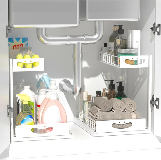 Under Sink Organizer with Pull-Out Drawers,Kitchen Sink Organizer,2 Tier Bathroom Organizers And Storage,Bathroom Accessories Set,White 2 Pack