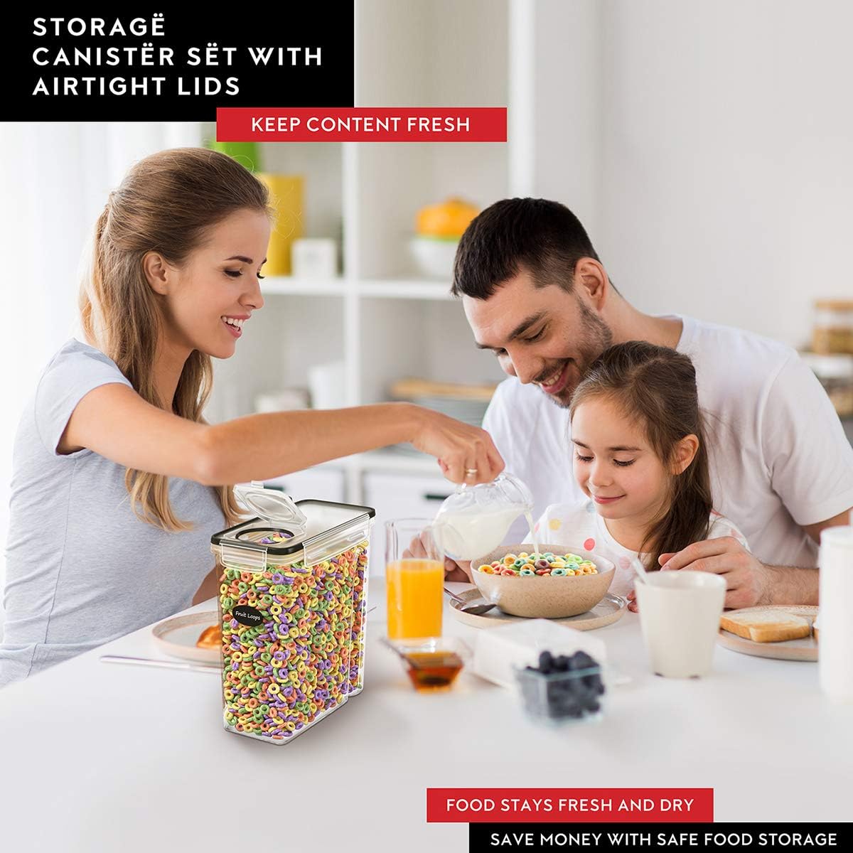 Cereal Containers Storage 4L Set of 4 Airtight Food Storage Containers with Lids Cereal Dispenser Countertop Pantry Organization Canister for Rice Flour & Sugar 1 Marker 8 Labels