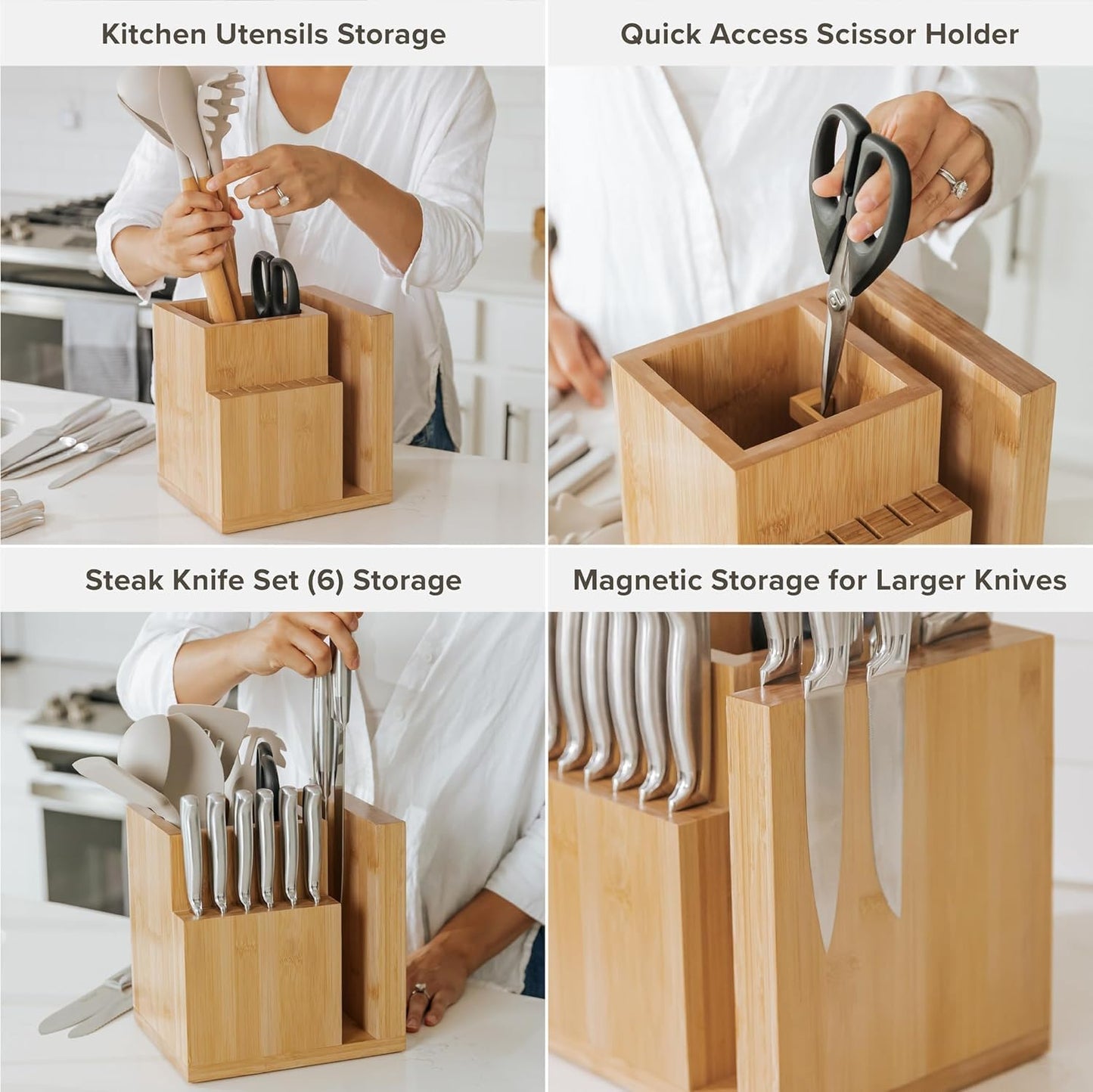 Bamboo Magnetic Knife Block and Cooking Utensil Holder, Sleek Storage for Chefs Knives