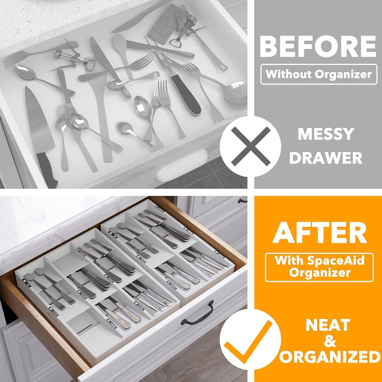 Bamboo Silverware Drawer Organizer with Labels, Kitchen Utensil Tray Holder Organizer for Flatware