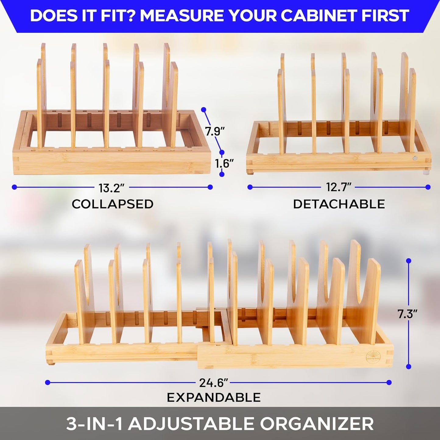Pot and Pan Organizer for Under Cabinet – Bamboo Pot Lid Organizer for Cabinet with Magnetic Lock