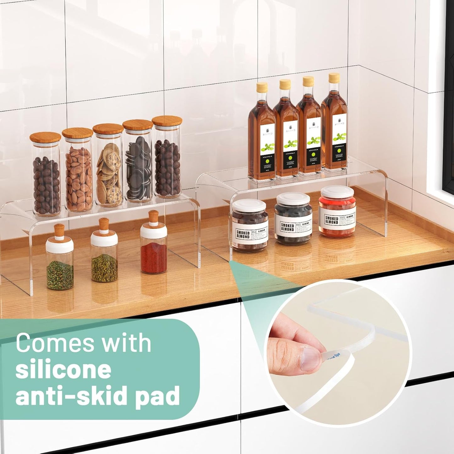 Clear Cabinet Shelf Organizers, 2 Pack Shelf Risers Kitchen Cabinets, Spice Rack for Dishes