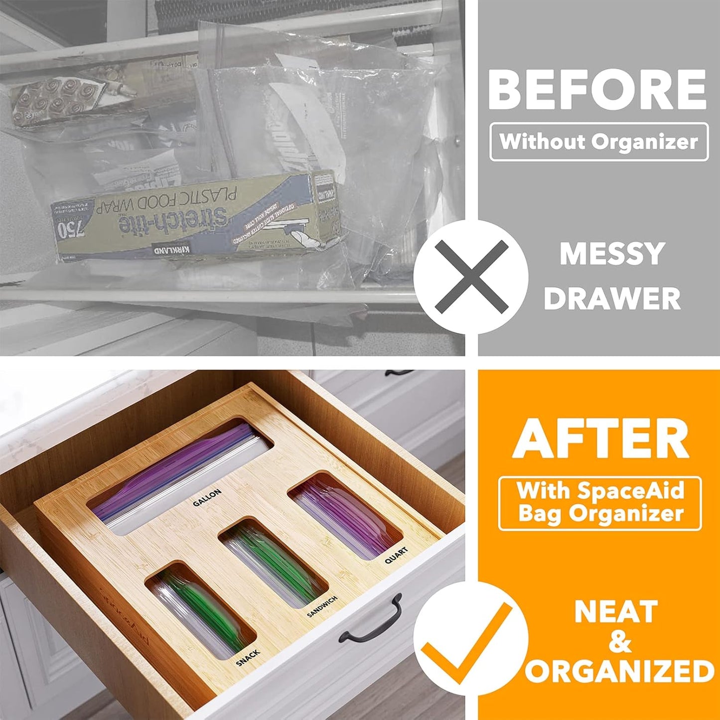 Bag Storage Organizer for Kitchen Drawer, Bamboo Organizer, Compatible with Gallon, Quart