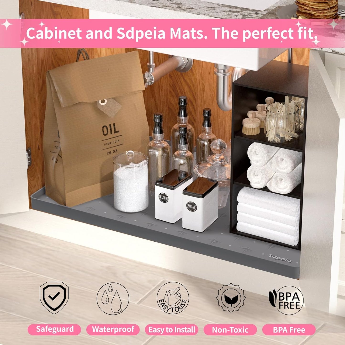 Under Sink Mat 34"×22" Waterproof Silicone Cabinet Liner & Sink Protector for Kitchen & Bathroom