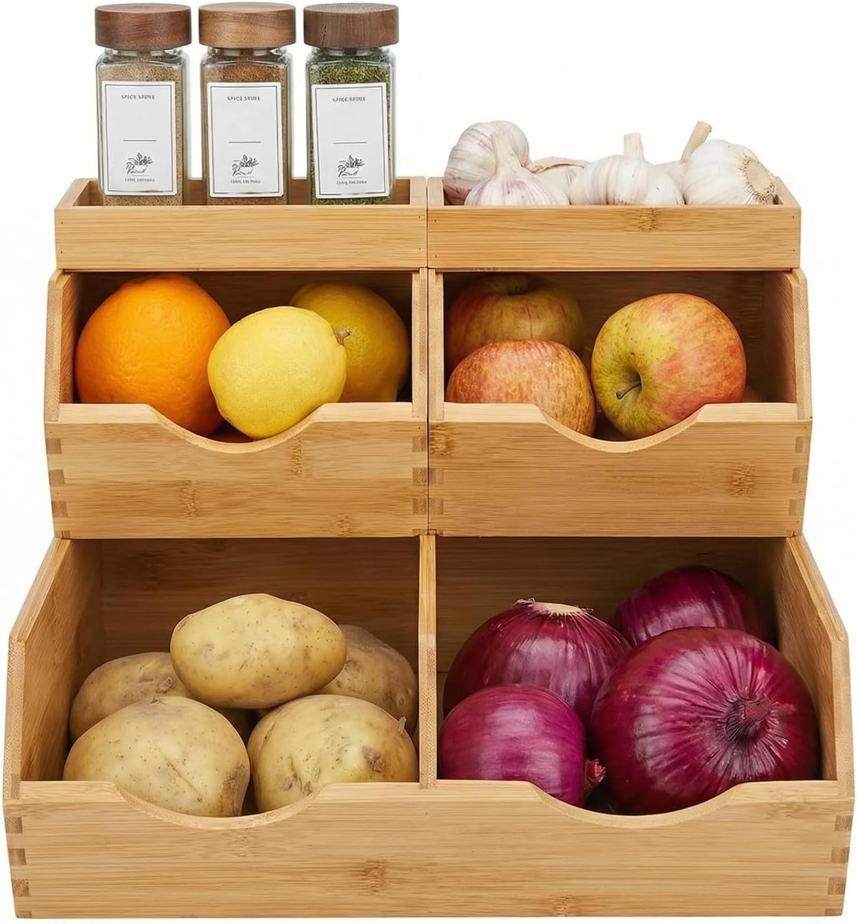 Bamboo Pantry Storage Bins Set 5 Pieces - Stackable Baskets, Potato and Onion Storage