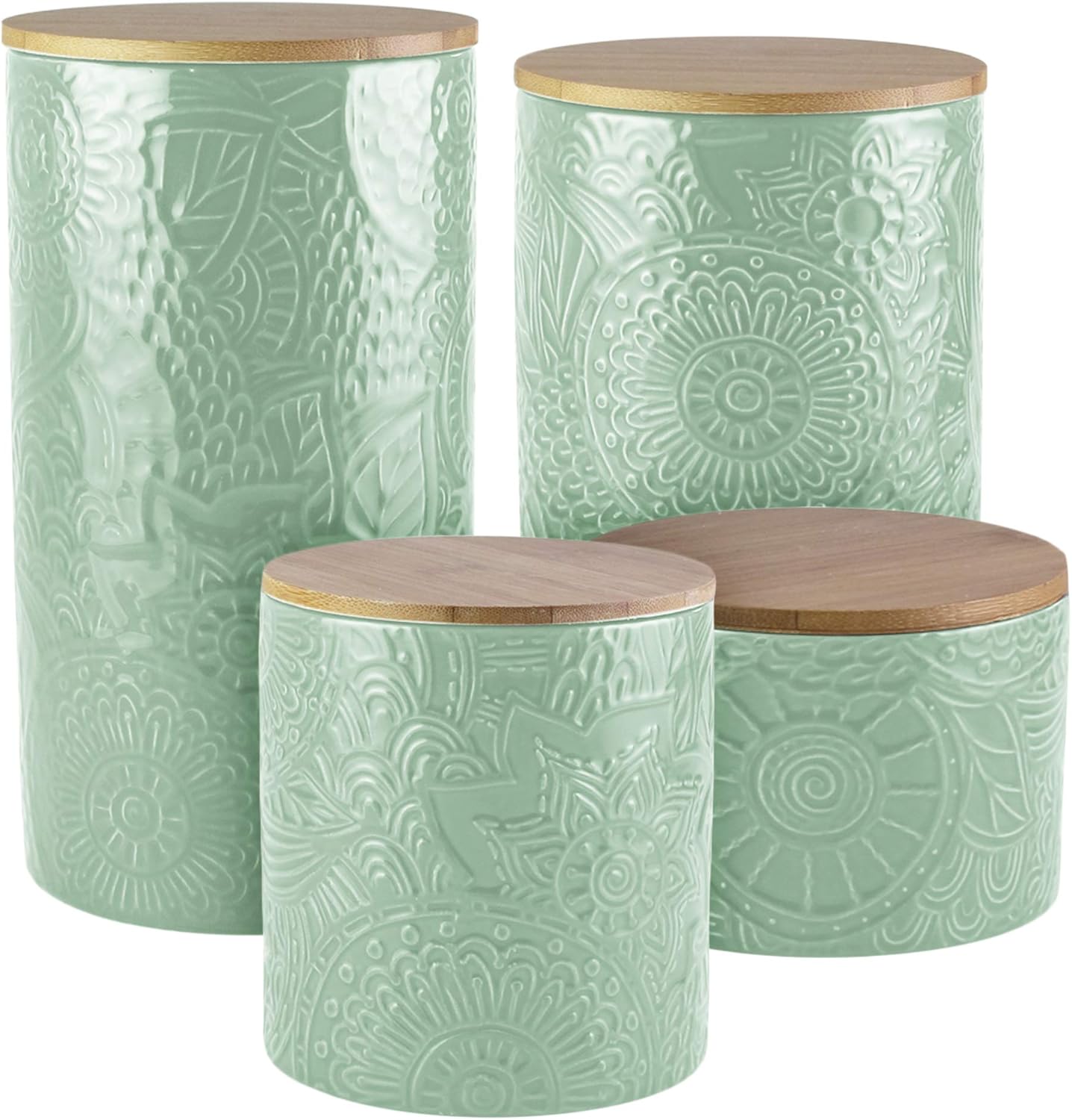 1182486-RB Embossed Canister 4-Piece Ceramic Set Jar Container with Wooden Lids for Cookies, Candy