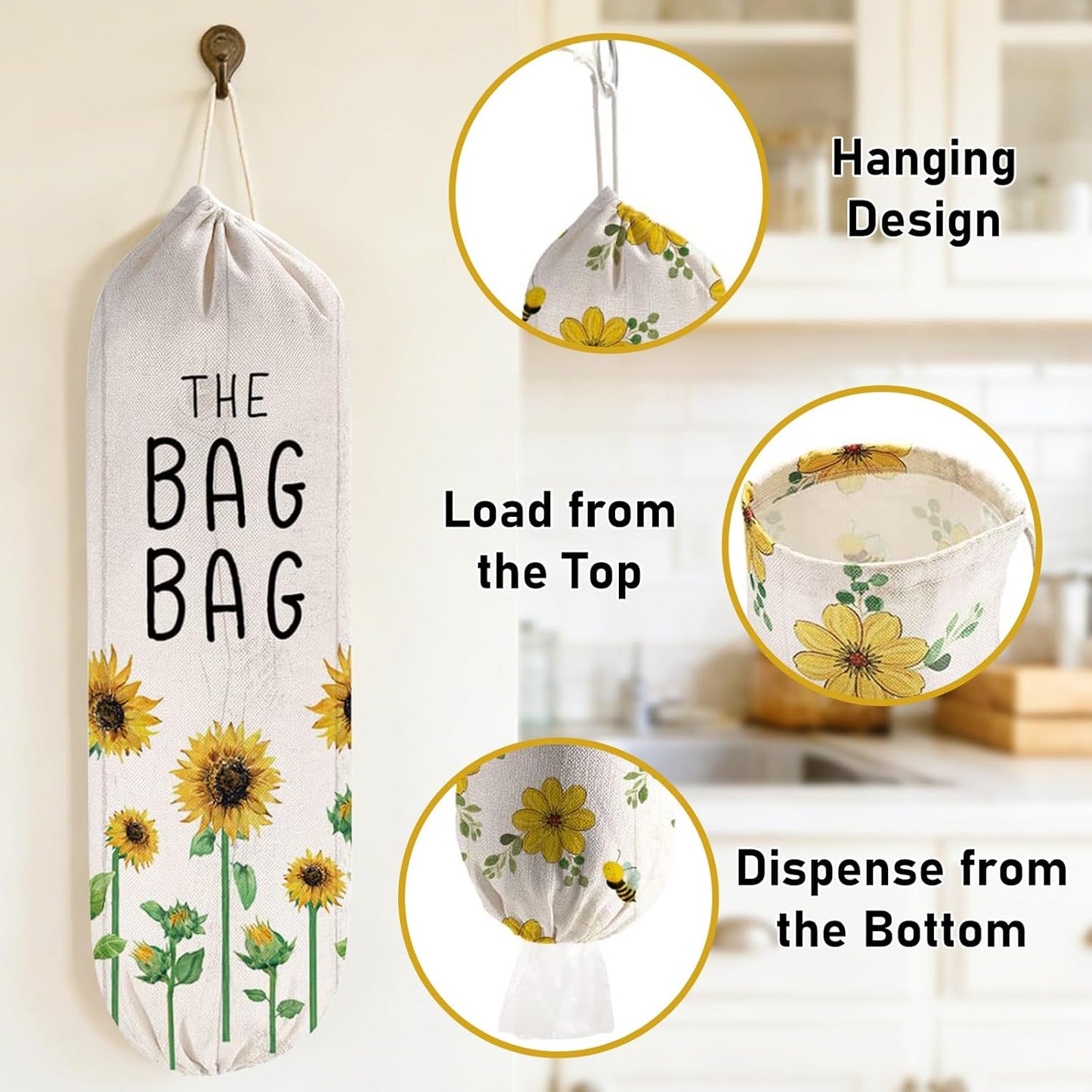 2Pcs Sunflower Plastic Bag Holder for Kitchen Essentials, Reusable Hanging Grocery Bag Organizer