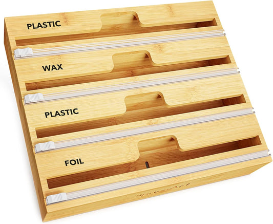 WrapNeat 4 in 1 Wrap Organizer with Cutter and Labels, Plastic Wrap