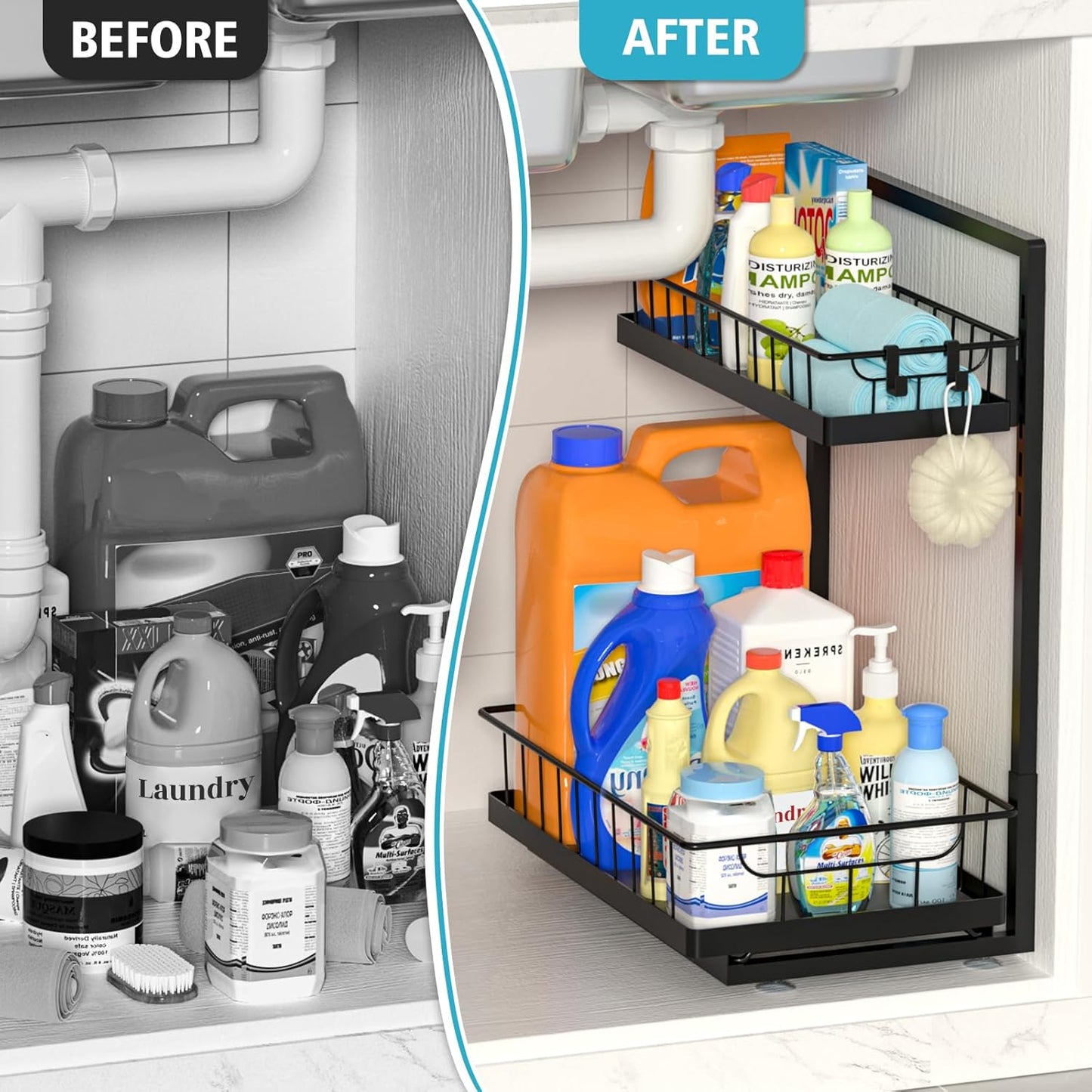 2 Pack Under Sink Organizer 2 Tier Slide Out Cabinet Organizer Under Sink Organizers and Storage for Kitchen Bathroom Pantry