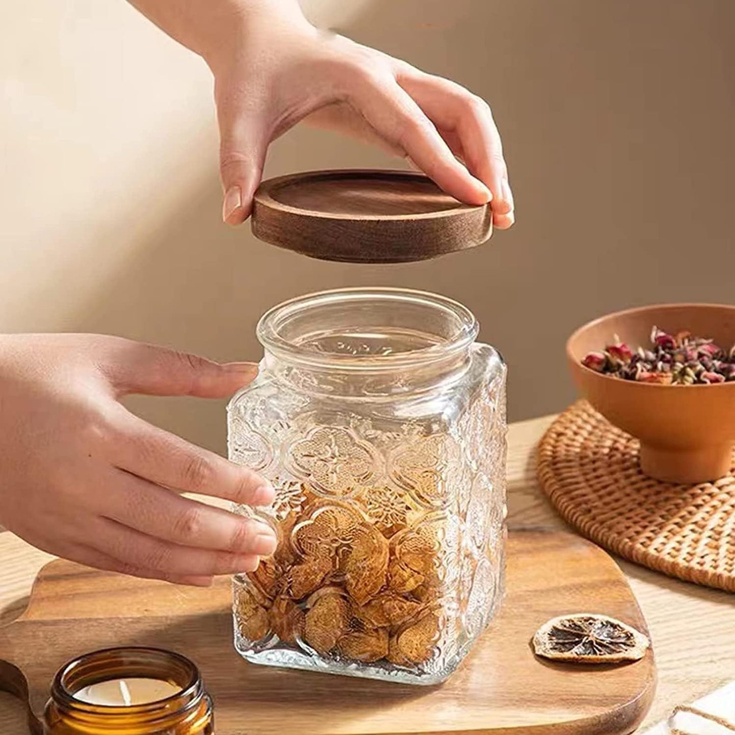 Vintage Glass Airtight Storage Jar Set of 4, With Airtight Wood Lid