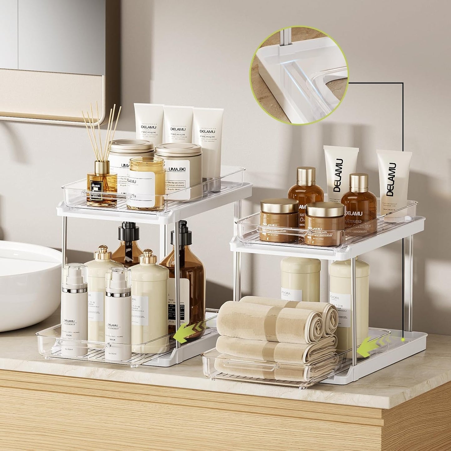 2-Tier Bathroom Under Sink Organizers and Storage, Pull Out Cabinet Drawers with Anti-Slip Design