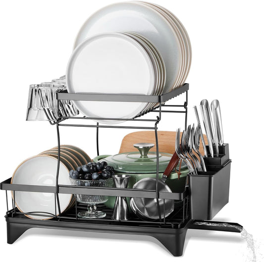 Dish Drying Rack for Kitchen Counter, 2 Tier Small Dish Drainer Drying Rack