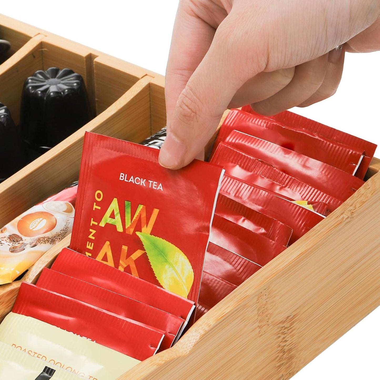 2 Pack K Cup Holder for Drawers, Bamboo Tea Bag Organizer with Adjustable Dividers